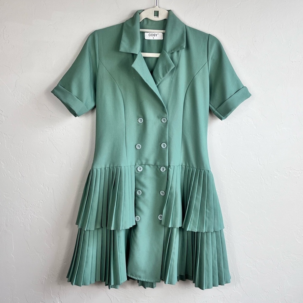Pastel Green Pleated Button Down Collared Classy Mini Dress